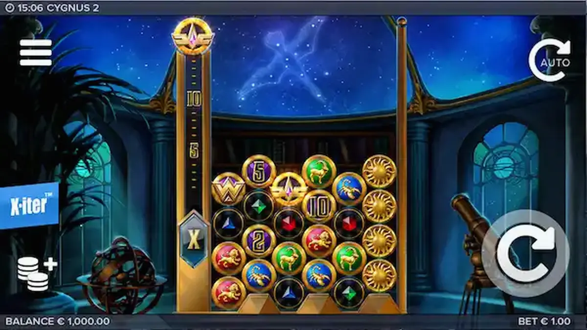 Ang interface ng laro na Cygnus 2 na nagpapakita ng mga simbolo sa isang modernong obserbatoryo.