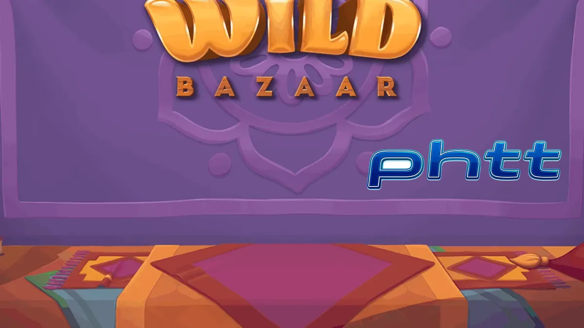 Makulay na disenyo ng Wild Bazaar slot na nagpapakita ng mga chest at Middle East market theme.